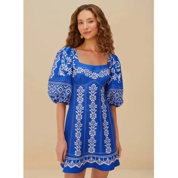 FARM Rio Tropical Printed Blue Euroflax Premium Linen Mini Dress Size Medium NWT - Picture 10 of 13